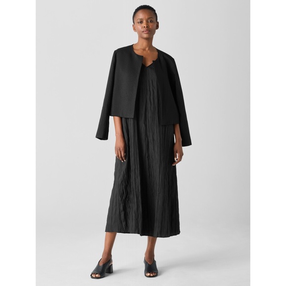 Eileen Fisher Crushed Silk V-Neck Midi Dress in Black Size S NWT - Picture 3 of 14
